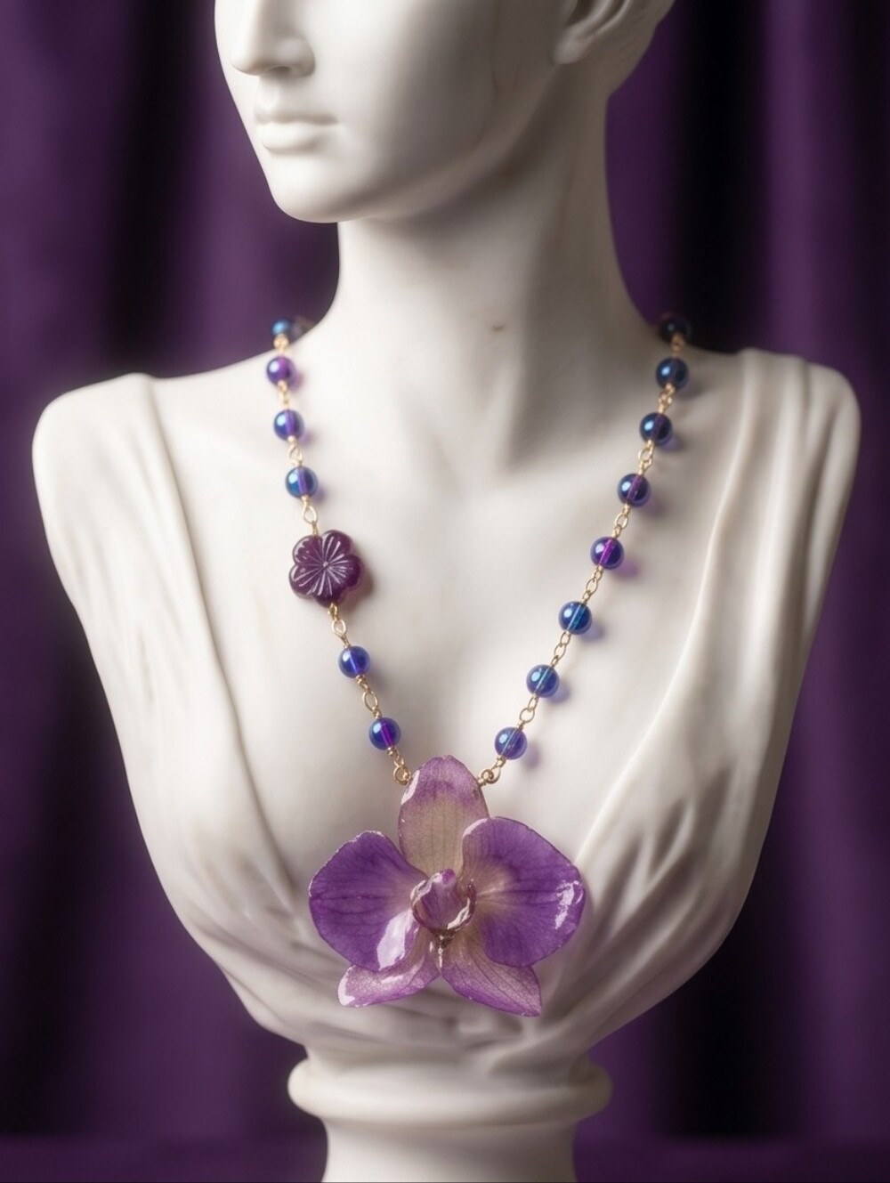 #297 HAND CRAFTED Necklace handcrafted handmade Orchid Resin Glass Beads Purple
